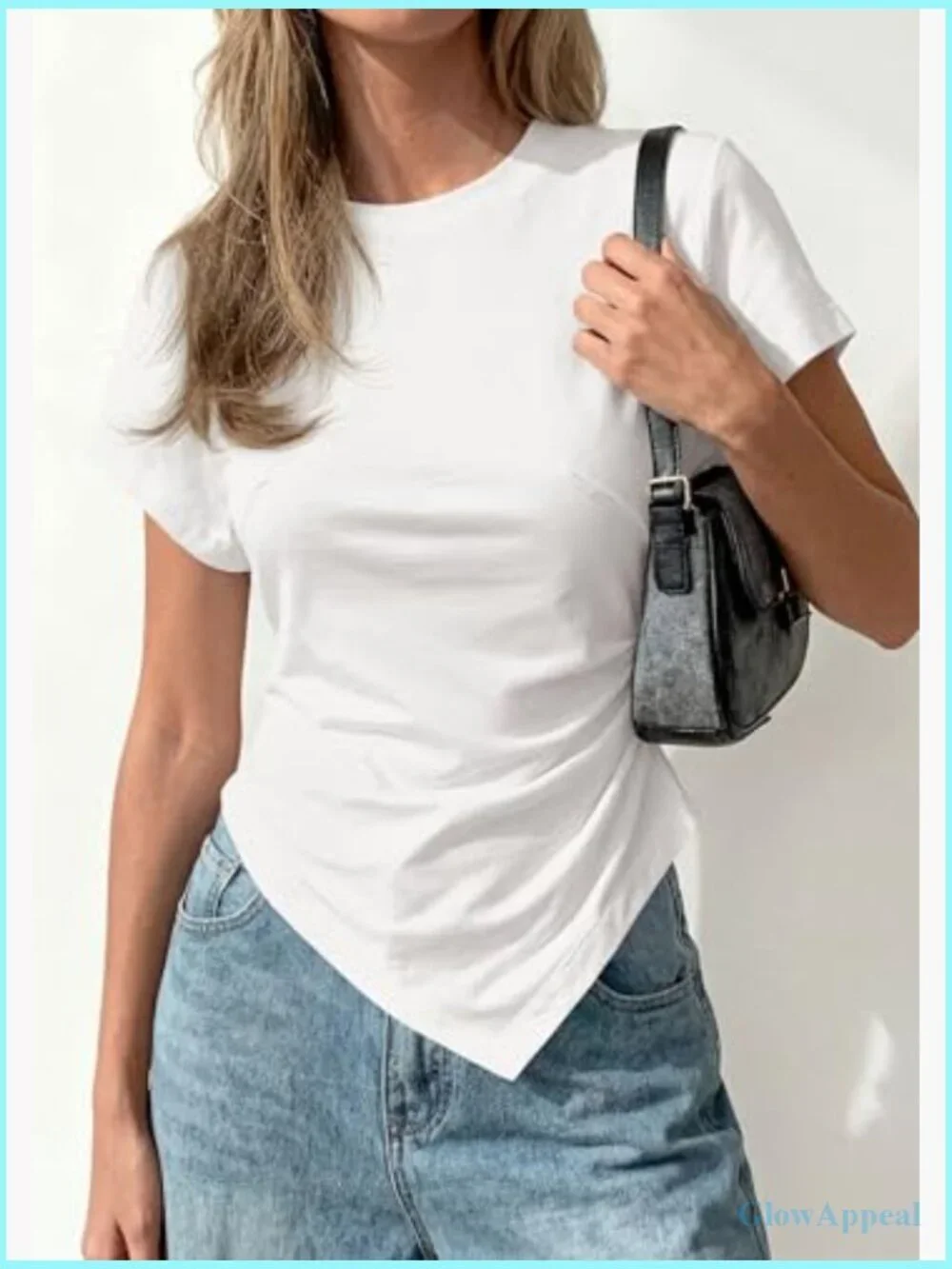 Asymmetrical Crew Neck Short Sleeve T-Shirt Slim Fit Cotton Blend - Picture 5 of 7